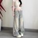 Petite American Retro Floral High-waisted Wide-leg Jeans For Women, Loose And Slimming Straight Pants With A Drapey Fit_mkmklike.com