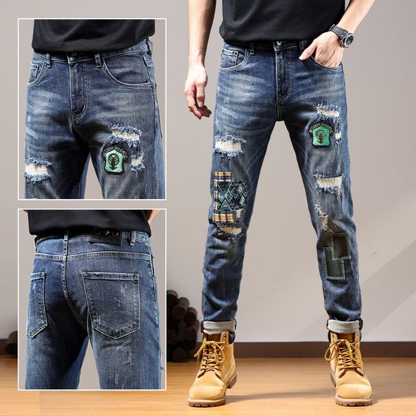Men's Slim Fit Stretch Patchwork Embroidered Ripped Jeans - Vintage Distressed Denim Pants With Artistic Details For Casual Wear_mkmklike.com