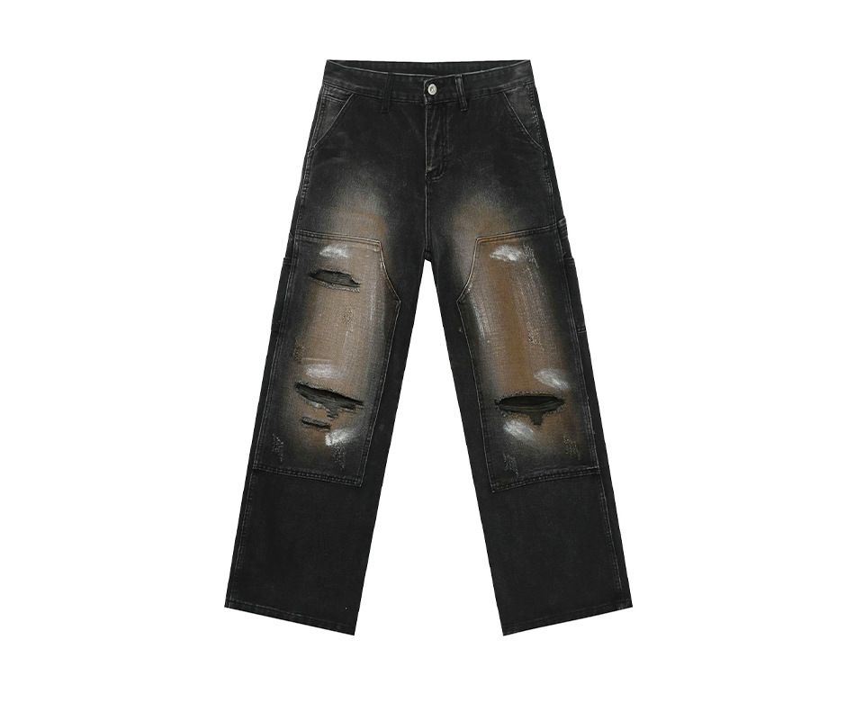 EF JEANS | 2025 Spring New American High Street Graffiti Splicing Design Ripped Personality Straight Jeans_mkmklike.com