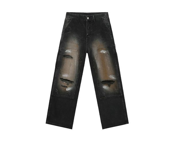 EF JEANS | 2025 Spring New American High Street Graffiti Splicing Design Ripped Personality Straight Jeans_mkmklike.com