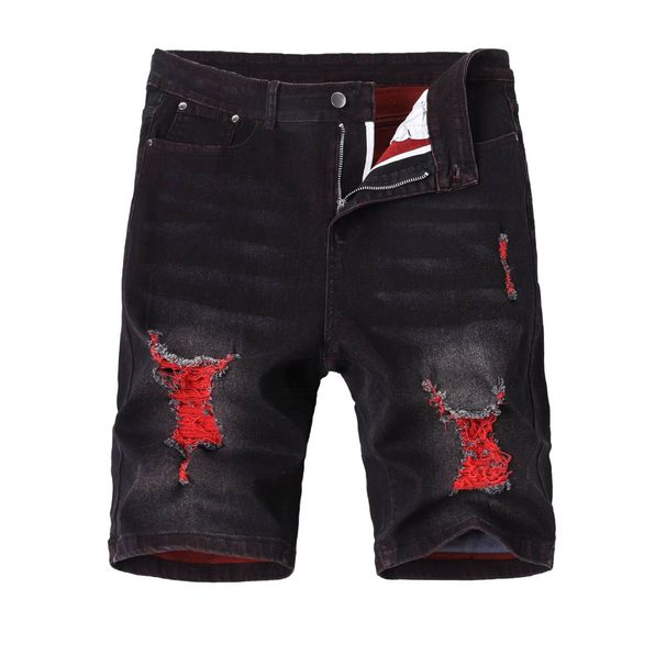Men's Stretchy Textured Denim Shorts Black Distressed Stylish Versatile Durable Mid-Length Summer Wear_mkmklike.com