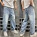 Men's Distressed Patchwork Straight Leg Jeans - Washed Denim With Elastic Waist & Drawstring For Casual Wear_mkmklike.com