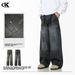 Vintage Work Pants For Men & Women - Adjustable Waist, Distressed Denim, Straight Leg, Retro Style With Splatter Paint Design_mkmklike.com