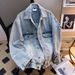 Men's Clothing Fashion Streetwear Patchwork Denim Jacket - Distressed Plaid & Asymmetrical Layering Coat For Men & Women (Blue/White)_mkmklike.com