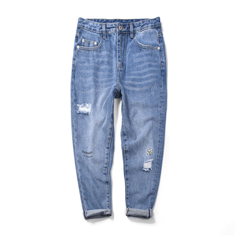 Men's Trendy Distressed Jeans Unique Whiskering Casual Print Embroidery Straight Leg Loose Fit Cotton mid Waist Long Pants_mkmklike.com