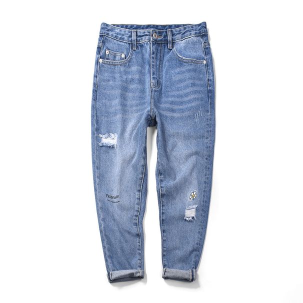 Men's Trendy Distressed Jeans Unique Whiskering Casual Print Embroidery Straight Leg Loose Fit Cotton mid Waist Long Pants_mkmklike.com