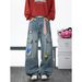 Unisex Vintage Washed Cargo Jeans With Embroidered Checkerboard Tie & Multi-Pockets, Loose Straight Leg Baggy Denim Pants For Men And Women_mkmklike.com