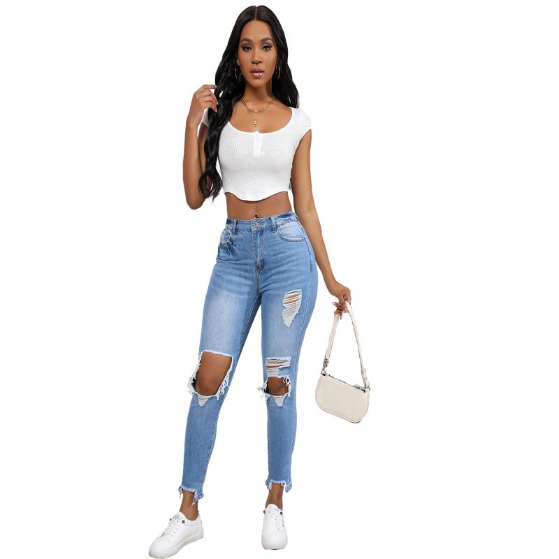 Women's Clothing Fashion Street Shooting High Waist Skinny Blue Jeans For Women_mkmklike.com
