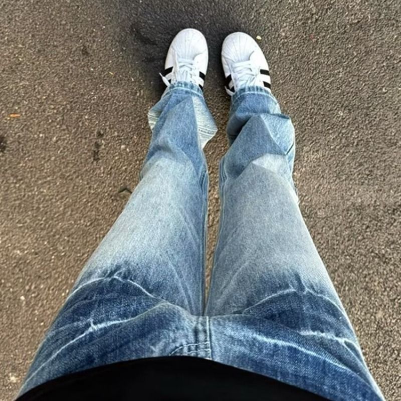 Vintage Blue Cracked Denim Pants – High Street Retro Unisex Loose Fit Straight Leg Casual Trousers For Men & Women_mkmklike.com