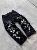 Unisex Floral Print Vintage Jeans – Retro Washed Denim Pants For Men & Women, Loose Fit Casual Streetwear For Summer_mkmklike.com