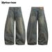 Men's Vintage Washed Distressed Jeans - Baggy Wide-Leg Denim Pants With Retro Fading & Unique Sickle Cut (Blue)_mkmklike.com