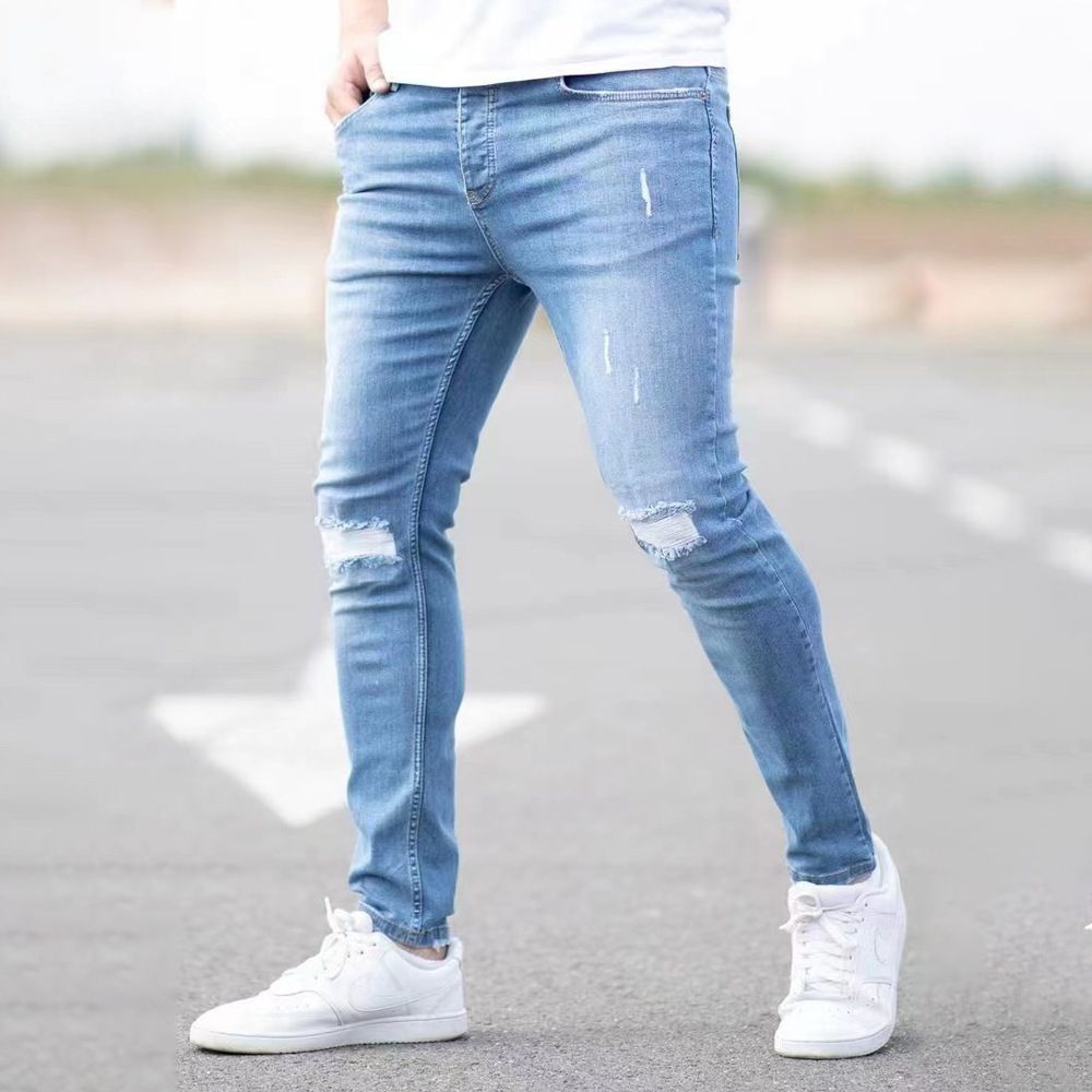 Men's Slim Fit Skinny Jeans High Street European American Ripped Light Blue Large Stock Available From Manufacturer_mkmklike.com