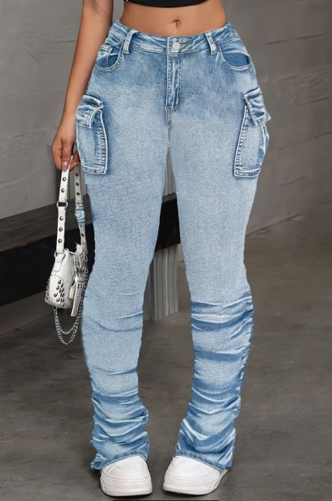 Women's High Waist Stretch Denim Pants With Side Pleats Retro Workwear Stacked Jeans In Vintage Blue_mkmklike.com