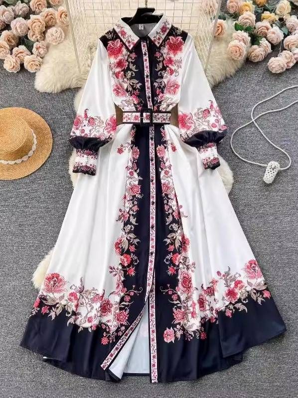 Women's Clothing color matching print slim long puff sleeve temperament dress spring dress _mkmklike.com