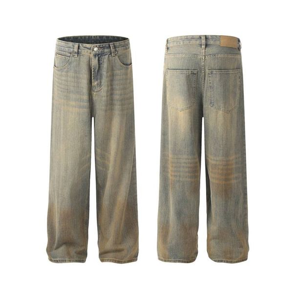 Men's Clothing Washed Yellow Mud Dyed Jeans Retro Bamboo Stripes Design Loose Straight Floor Length Pants For Men_mkmklike.com
