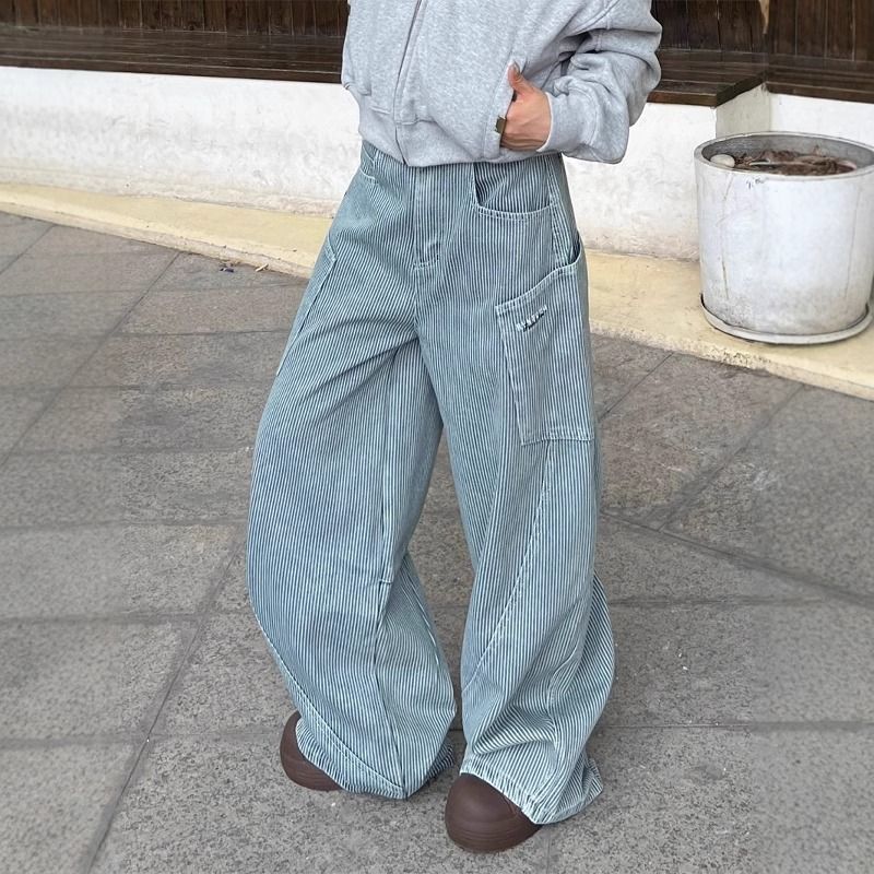 Men's Clothing Vintage American Striped High-Waisted Baggy Jeans For Men – Streetwear Oversized Straight-Leg Trousers With Retro Design_mkmklike.com