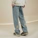 Men's Vintage American Style Coconut Tree Embroidered Jeans - Washed Straight Loose Fit Casual Trousers For Teens & Young Adults_mkmklike.com