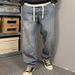 Men's Clothing Washed Distressed Work Jeans Men's Loose Harem Trousers American Style Slightly Flared Drawstring Elastic Dad Jeans_mkmklike.com