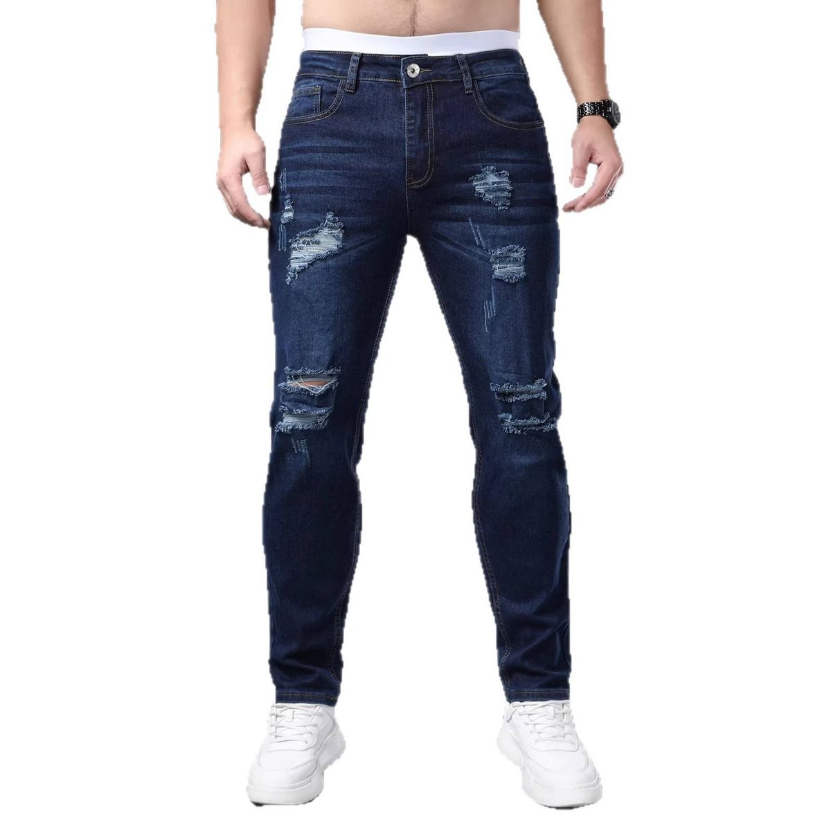 Men's Slim Fit Stretch Ripped Jeans Blue Trousers Stylish Denim Casual Pants_mkmklike.com