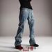 Men's Casual Washed Blue Jeans High Elasticity Loose Fitting Slightly Flared Distressed And Faded Finish With Totem Pattern_mkmklike.com