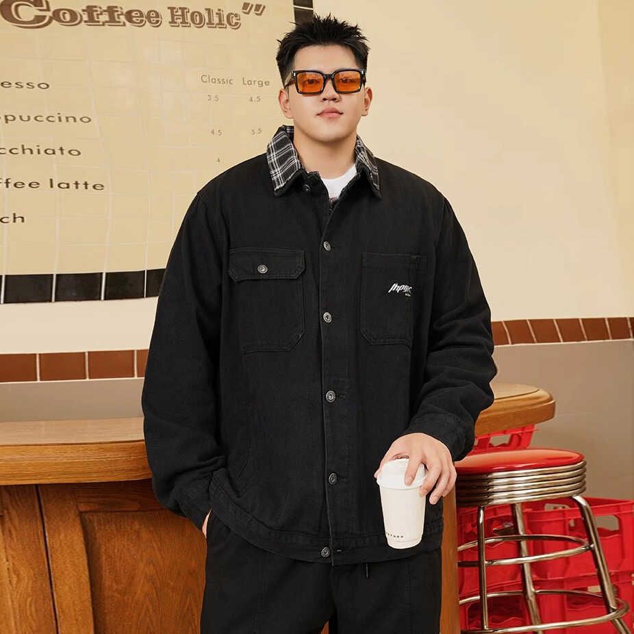 Trendy Brand Large Size Men's Denim Jacket Spring And Autumn Loose Fat Man Fattened Plus Embroidered Versatile Jacket Gown Men_mkmklike.com