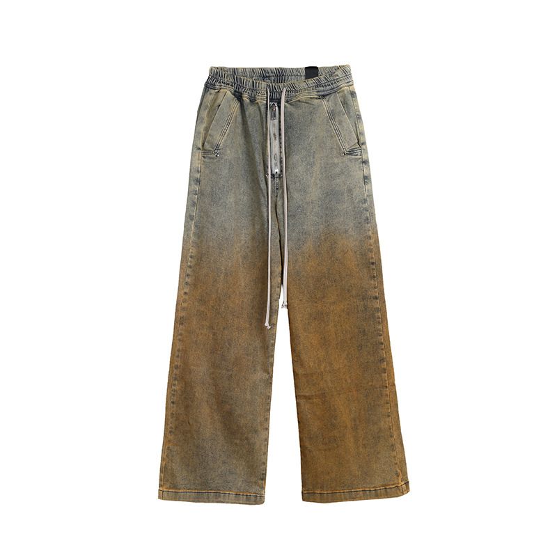 Men's Clothing Gradient Tie Dyed Khaki Wide Leg Loose Straight Leg Piled Distressed Jeans_mkmklike.com