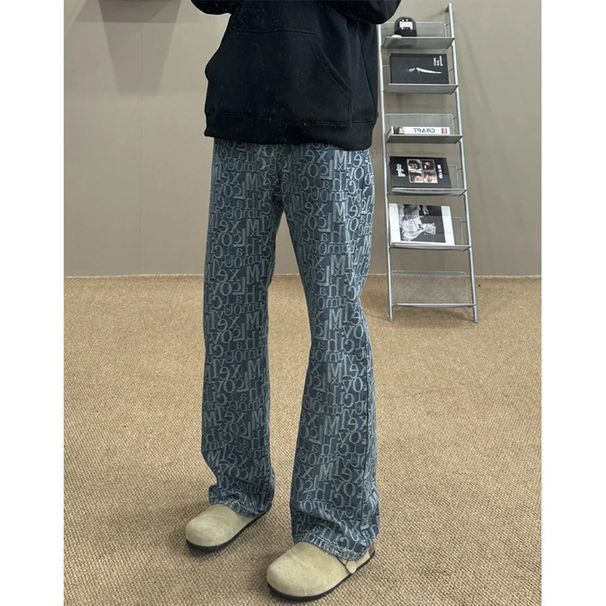 Men's Clothing Retro Letter Jacquard Jeans Men's Spring And Autumn High Street Full Print Pants Straight Leg Flared Pants Trend_mkmklike.com