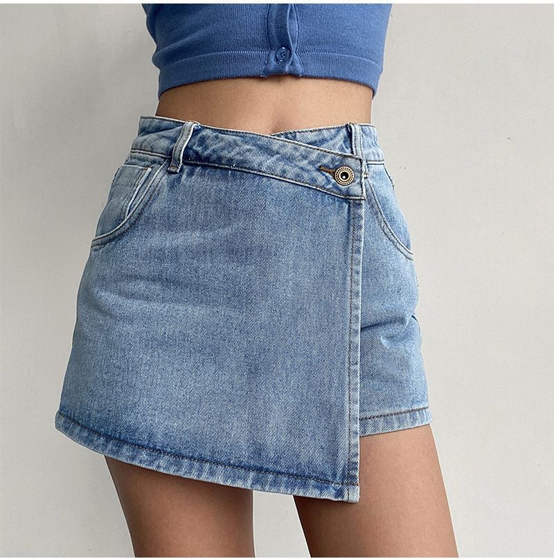 High Waisted A-Line Denim Shorts For Women Light Color Faux Two-Piece Design Slimming Sexy Mini Skirt England Style Fashion_mkmklike.com