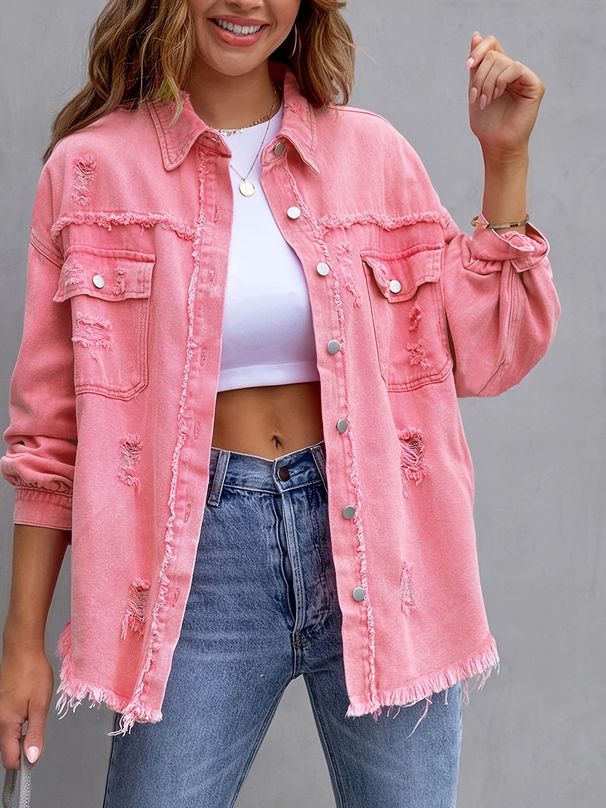 Women's Distressed Denim Jacket Oversized Long Sleeve Casual Shirt Coat In Solid Colors_mkmklike.com