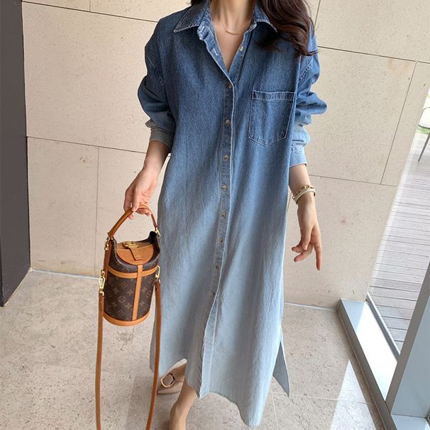 ELLE ELLE In Stock Korean Autumn Niche Design Turn-Down Collar Single-Breasted Color-Block Washed Denim Dress For Women_mkmklike.com
