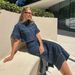 K Women's Casual Pocket Short Sleeved Shirt Split Skirt Denim Two-piece Set_mkmklike.com