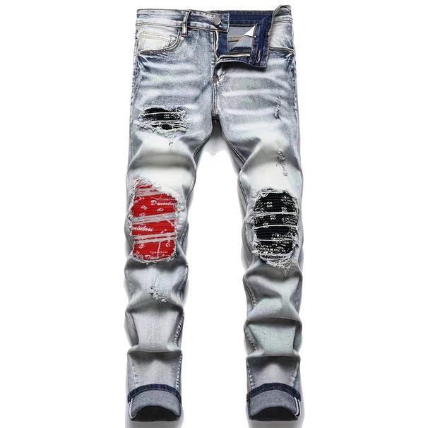 High-end Trendy Casual Patch Slim-fitting Small Feet Trendy Brand Washed Ripped High Street Embroidered Men's Jeans_mkmklike.com