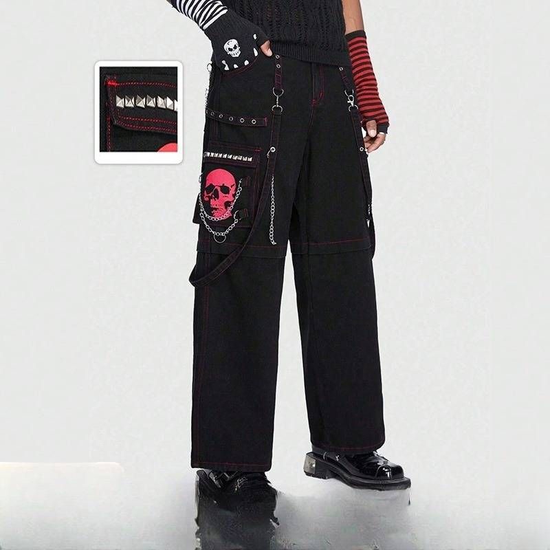 Men's Clothing Street Print Rivet Vibe Style Hip Hop Overalls High Street Design Casual Straight Jeans_mkmklike.com