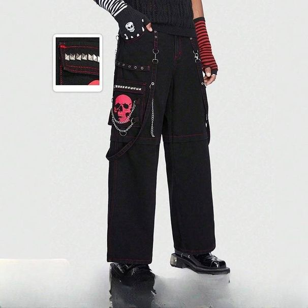 Men's Clothing Street Print Rivet Vibe Style Hip Hop Overalls High Street Design Casual Straight Jeans_mkmklike.com