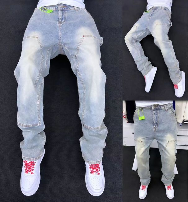 2026 Men's Clothing High Street Jeans, Washed And Distressed Light Blue, Logging Workwear Style, Men's Street Vintage Casual Pants_mkmklike.com