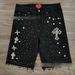 Men's Rhinestone Cross Design Denim Shorts, Retro Hip Hop Streetwear Mid-Thigh Cargo Shorts For Summer, Stretch Polyester Casual Shorts_mkmklike.com