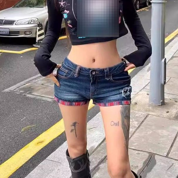 High Street Plaid Patchwork Denim Shorts For Women Low Rise Stretchy Slim Fit A-Line Hot Pants Style_mkmklike.com