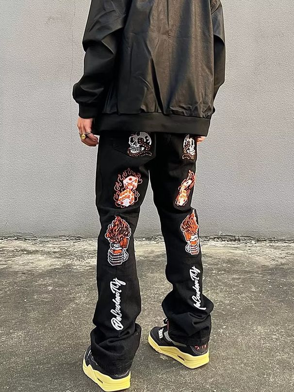 American Street Style Heavy-duty Washed Embroidered Jeans For Men, Trendy Hip-hop Straight-leg Slim-fit Pants_mkmklike.com