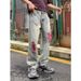 Men's Distressed Patchwork Baggy Jeans - Relaxed Fit Wide Leg Denim Pants With Contrast Applique_mkmklike.com