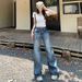 Distressed Washed American Vintage Jeans - High Waist Wide Leg Straight Flare Pants For Women_mkmklike.com
