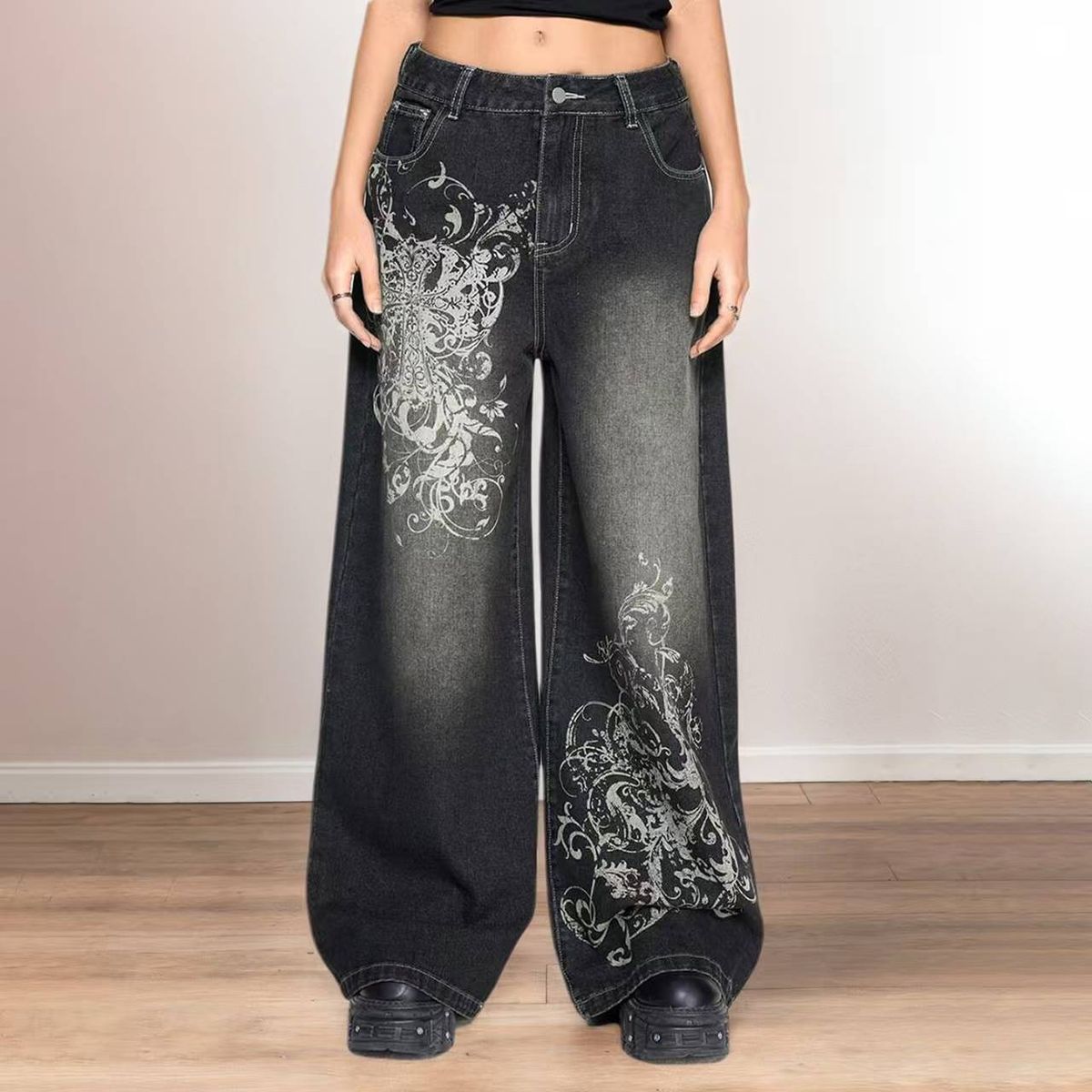 Women's Clothing Print Contrast Low Waist Vintage Gothic Print Low-Rise Loose Straight-Leg Washed Distressed Denim Jeans For Streetwear Enthusiasts_mkmklike.com