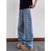 Men's Clothing Retro Washed Blue Plaid Jeans American Style High Street Fashion Loose Casual Wide Leg Straight Leg Pants For Men And Women_mkmklike.com
