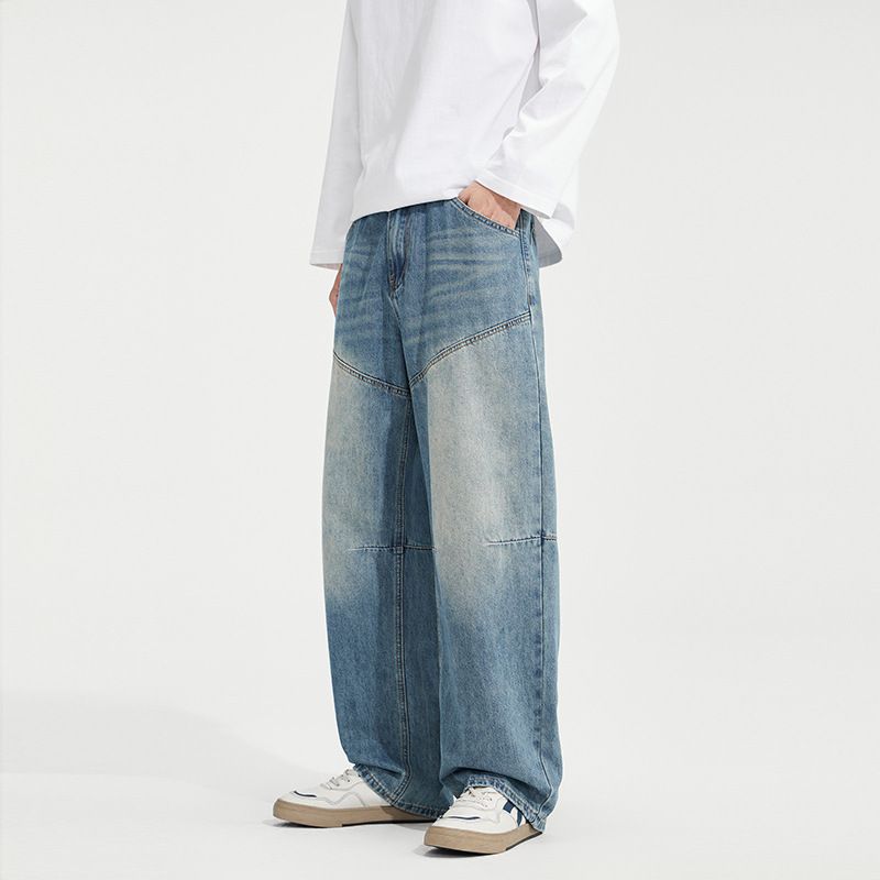 Men's Distressed Patchwork Jeans – Oversized Straight-Leg Denim Pants, Streetwear Baggy Cargo Pants With Raw Hem_mkmklike.com