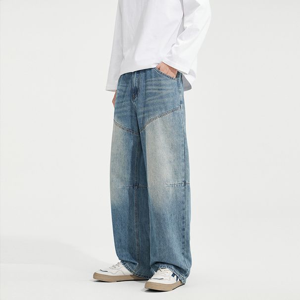 Men's Distressed Patchwork Jeans – Oversized Straight-Leg Denim Pants, Streetwear Baggy Cargo Pants With Raw Hem_mkmklike.com