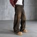 Vintage Washed Men's Relaxed Fit Straight Leg Jeans With Hand-Painted Graffiti Details In Retro Brown_mkmklike.com