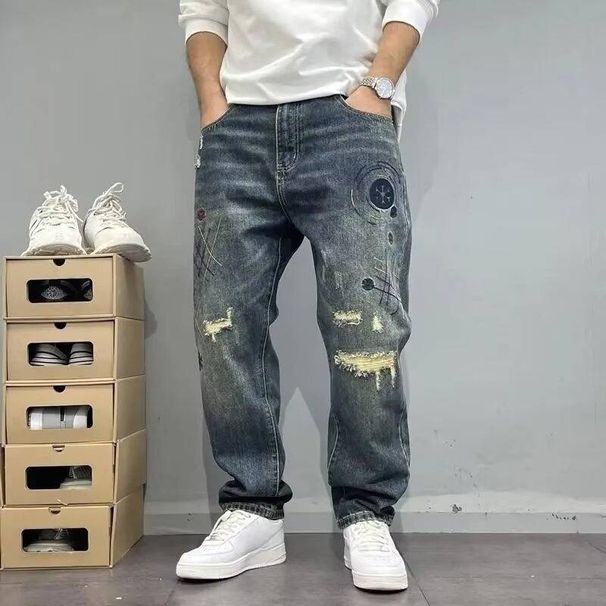 Men's Clothing Fashion Brand Loose Straight Ripped Spring And Autumn Patch Jeans Men's Retro Distressed Harem Tapered Pants_mkmklike.com