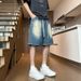 Men's Clothing Temperament Casual Loose Fit Denim Shorts - Harajuku Style Mid-Length Jeans For Streetwear & Urban Fashion (Dark Blue, Light Blue)_mkmklike.com
