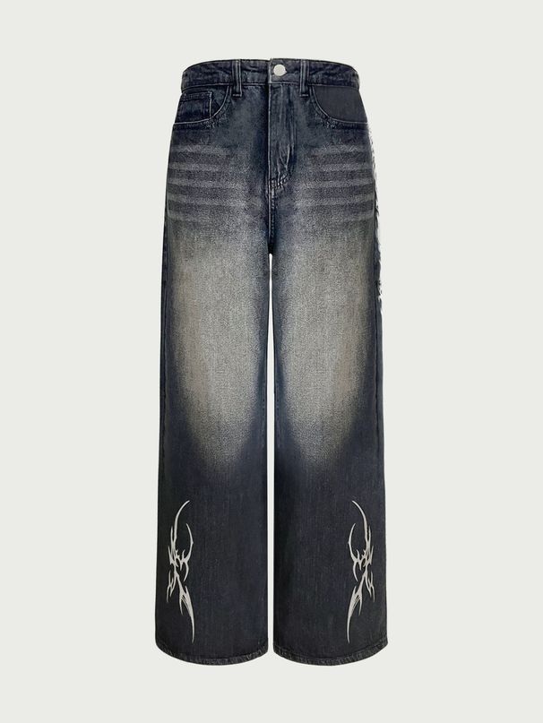 Streetwear Low-Rise Baggy Jeans – Oversized Washed Denim Pants With Printed Detailing & Straight-Leg Fit (S-XL, Black)_mkmklike.com