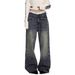 Unisex Trendy Dark Blue Straight Leg Jeans Midweight Washed Distressed Whiskered Loose Wide Leg Pants for Couples_mkmklike.com
