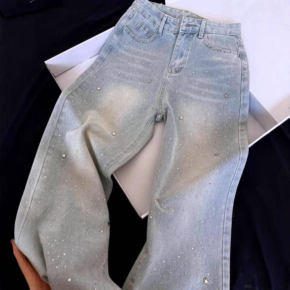 Light Blue Star Rhinestone Jeans – High-Waisted Flared Pants | Elegant & Slimming Wide-Leg Denim For Women_mkmklike.com